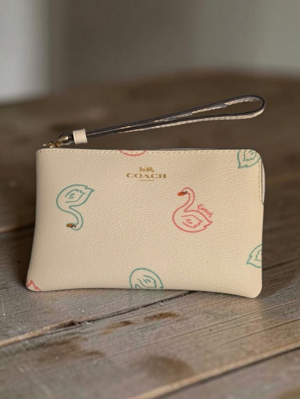 Coach Cream Wristlet with Pastel Pink and Mint Swans
